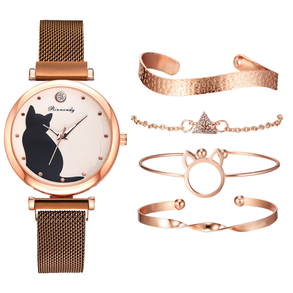 Stylish Cat-Themed Watch & Bracelet Set for Teen Girls – Cute Rose Gold Bracelets