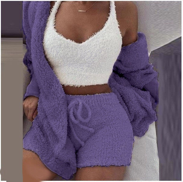 Fluffy Three Piece Shorts Set