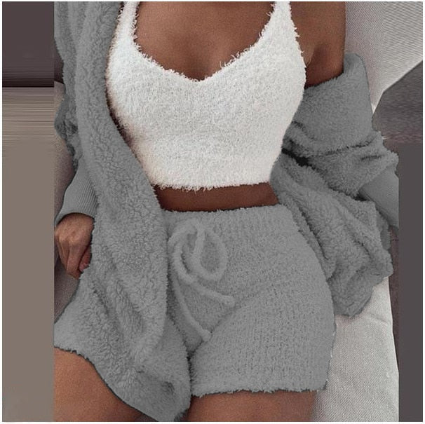 Fluffy Three Piece Shorts Set