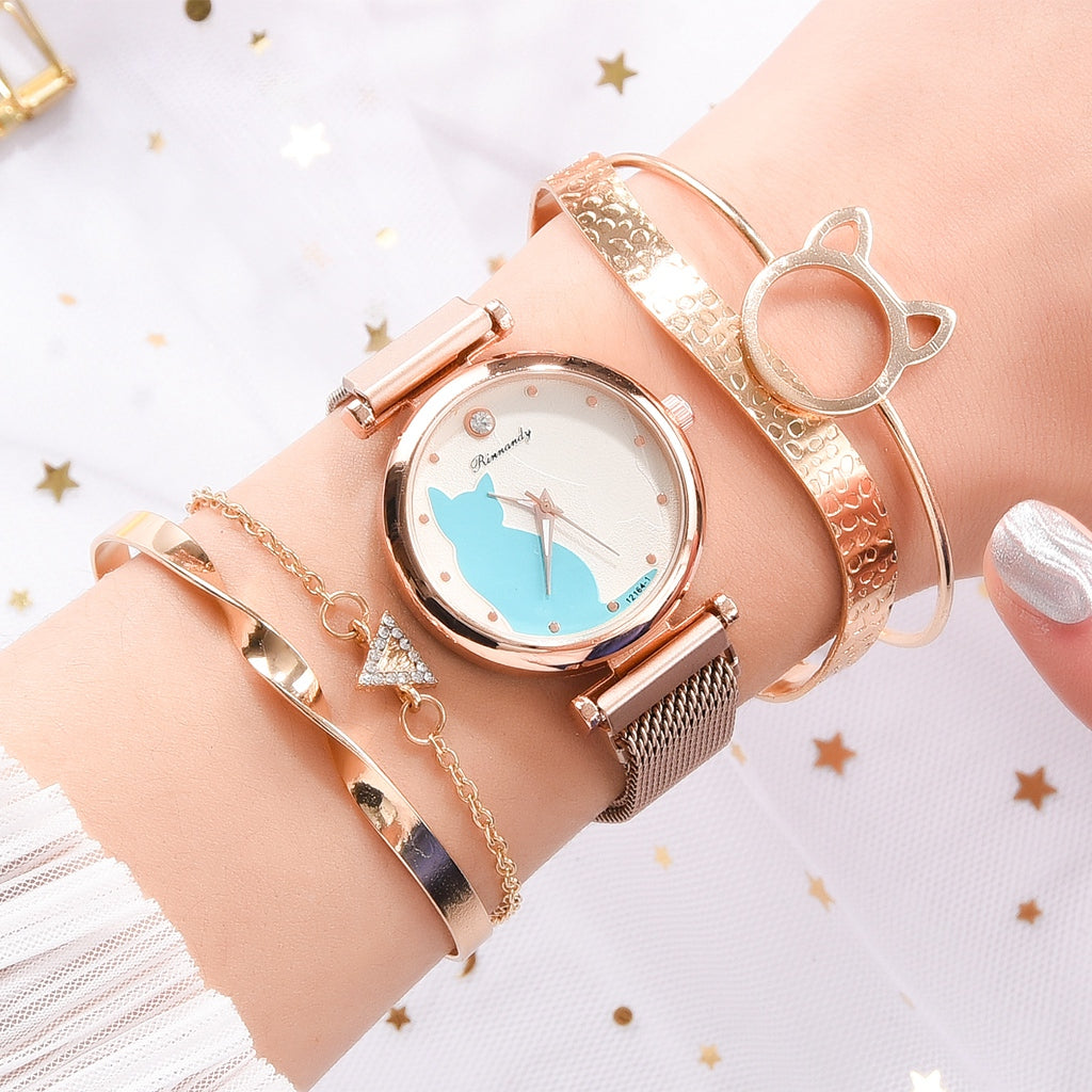 Stylish Cat-Themed Watch & Bracelet Set for Teen Girls – Cute Rose Gold Bracelets