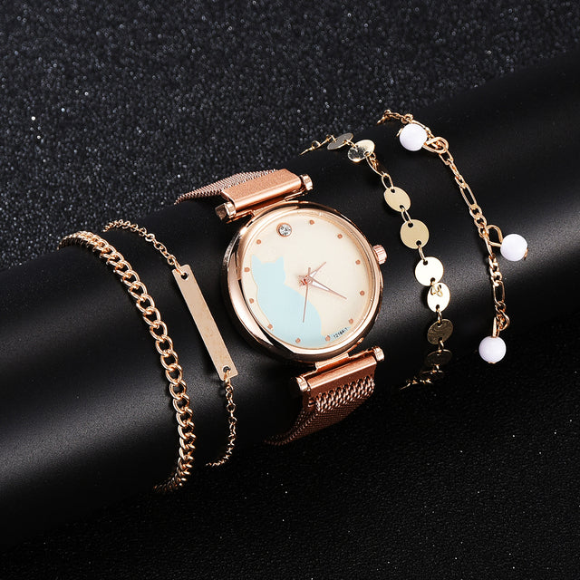 Stylish Cat-Themed Watch & Bracelet Set for Teen Girls – Cute Rose Gold Bracelets