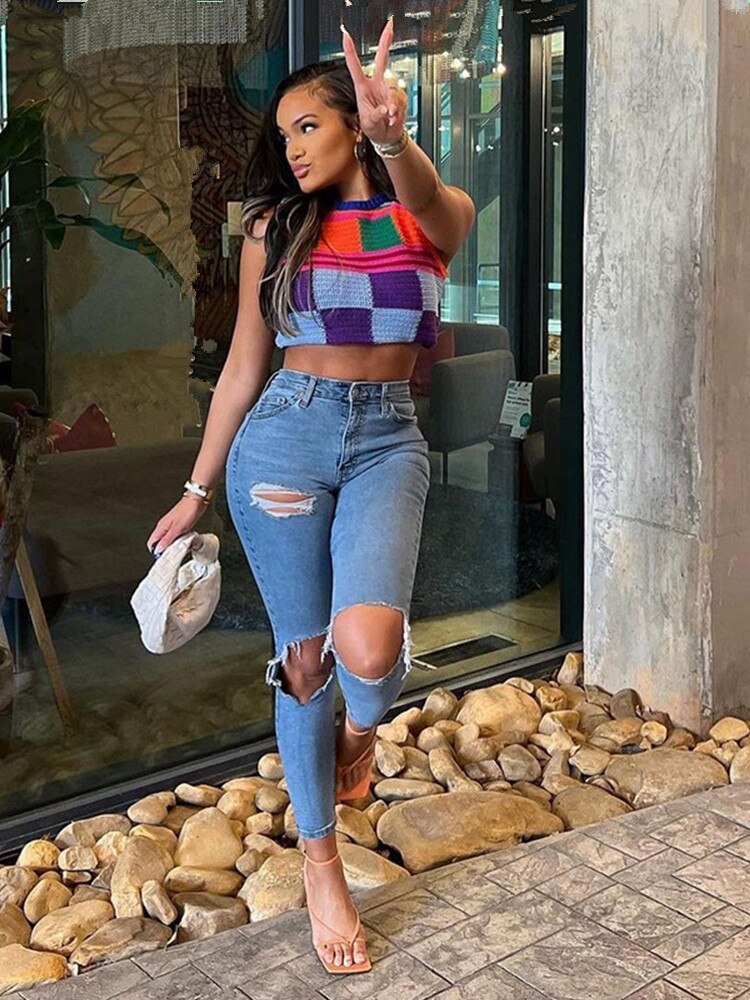 Knitted Multi Color Crop Tank Top and Shorts