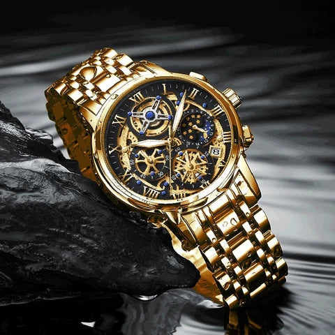 Luxury Gold Skeleton Mechanical Watch – Roman Numeral Dial, For Men