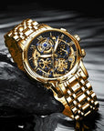 Luxury Gold Skeleton Mechanical Watch – Roman Numeral Dial, For Men