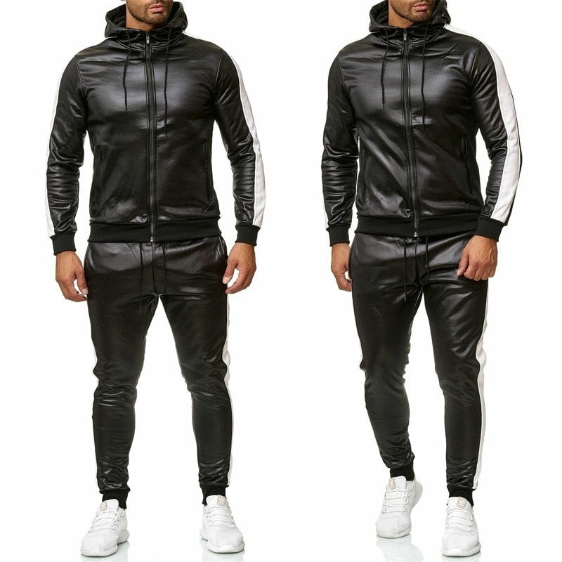 Men's PU Leather Jogging Suit Set