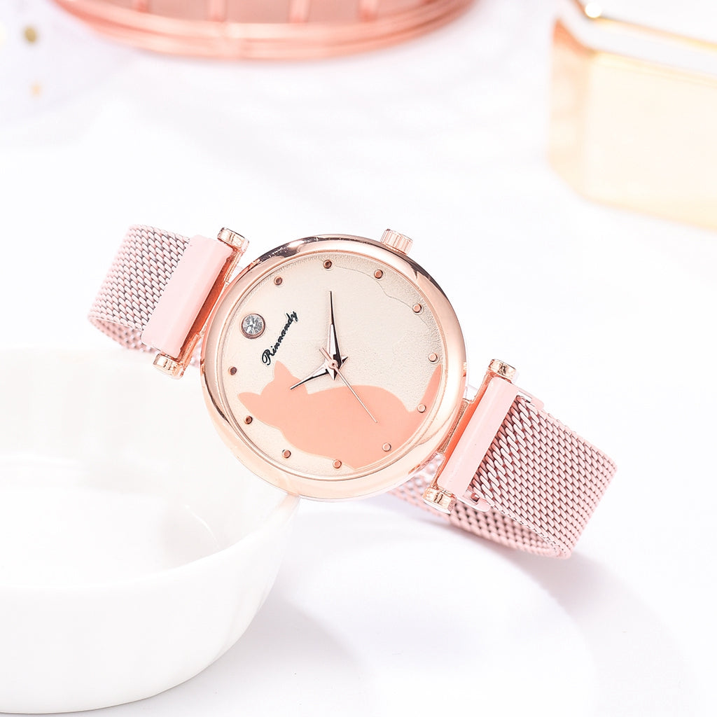 Stylish Cat-Themed Watch & Bracelet Set for Teen Girls – Cute Rose Gold Bracelets
