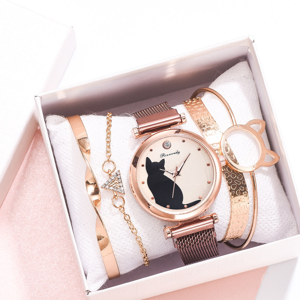 Stylish Cat-Themed Watch & Bracelet Set for Teen Girls – Cute Rose Gold Bracelets