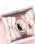 Stylish Cat-Themed Watch & Bracelet Set for Teen Girls – Cute Rose Gold Bracelets