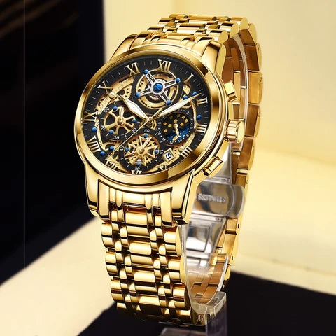 Luxury Gold Skeleton Mechanical Watch – Roman Numeral Dial, For Men
