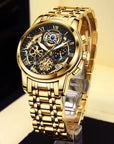 Luxury Gold Skeleton Mechanical Watch – Roman Numeral Dial, For Men