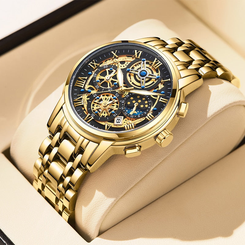 Luxury Gold Skeleton Mechanical Watch – Roman Numeral Dial, For Men