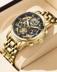 Luxury Gold Skeleton Mechanical Watch – Roman Numeral Dial, For Men