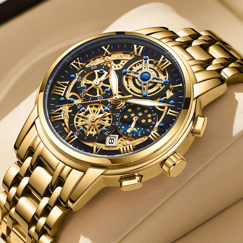 Luxury Gold Skeleton Mechanical Watch – Roman Numeral Dial, For Men