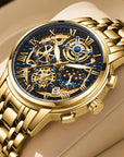 Luxury Gold Skeleton Mechanical Watch – Roman Numeral Dial, For Men