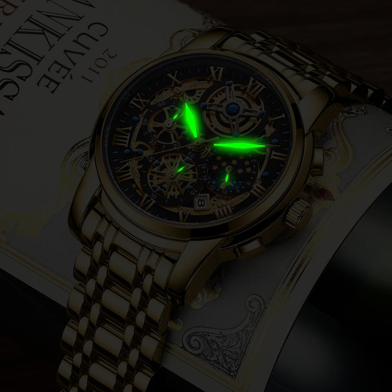 Luxury Gold Skeleton Mechanical Watch – Roman Numeral Dial, For Men