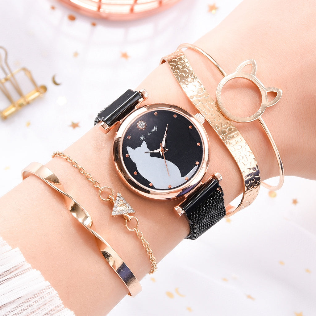 Stylish Cat-Themed Watch & Bracelet Set for Teen Girls – Cute Rose Gold Bracelets