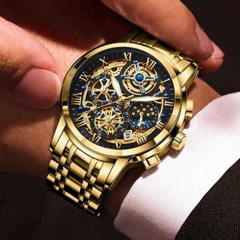 Luxury Gold Skeleton Mechanical Watch – Roman Numeral Dial, For Men