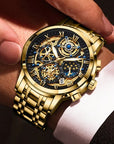 Luxury Gold Skeleton Mechanical Watch – Roman Numeral Dial, For Men