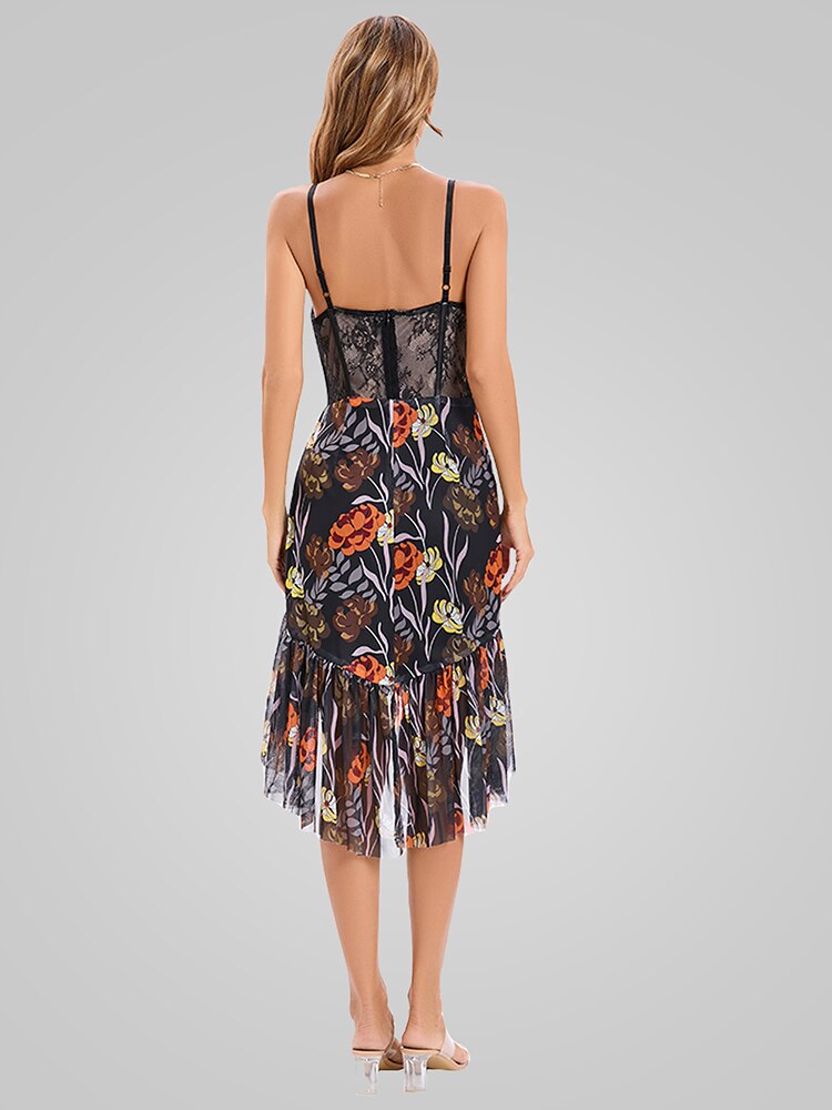 Spaghetti Strap Printed Bodice Ruffle Dress