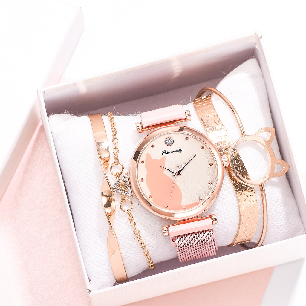 Stylish Cat-Themed Watch & Bracelet Set for Teen Girls – Cute Rose Gold Bracelets