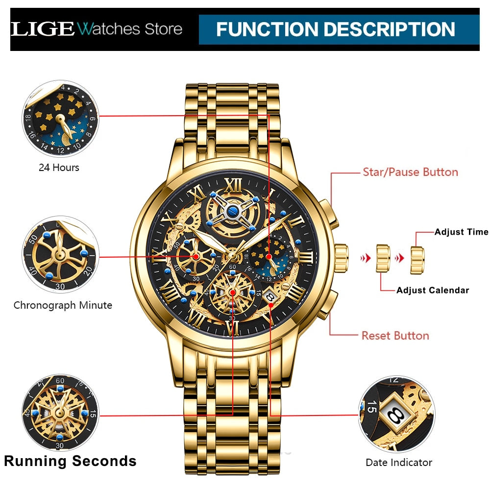 Luxury Gold Skeleton Mechanical Watch – Roman Numeral Dial, For Men