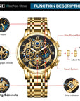 Luxury Gold Skeleton Mechanical Watch – Roman Numeral Dial, For Men