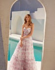 Soft Tulle A-Line Graduation Gown w/ Sweetheart Neckline & Floral Print