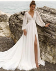 Puff-Sleeve V-Neck Boho Wedding Dress — alternate product view 37