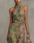 Floral Print High Waist Slit Dress