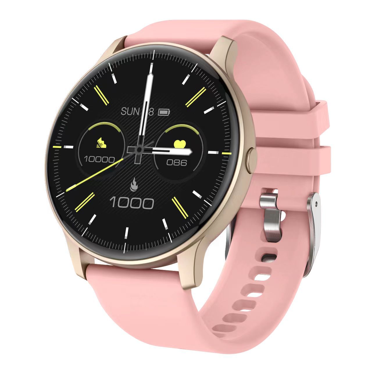 Pink smart fitness watch with round touchscreen display showing time, heart rate, calories, and step counter — features Bluetooth calling, health tracking, sleep monitor.