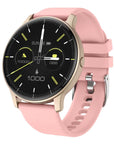 Pink smart fitness watch with round touchscreen display showing time, heart rate, calories, and step counter — features Bluetooth calling, health tracking, sleep monitor.