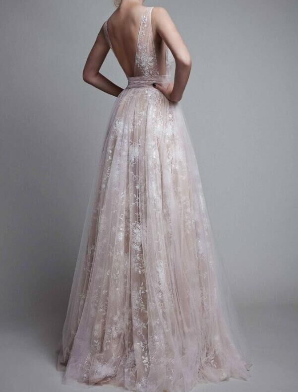 Apricot Lace Deep V-Neck Wedding Gown — alternate product view 8