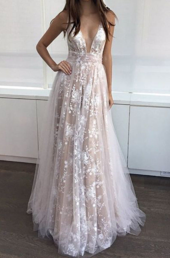 Apricot Lace Deep V-Neck Wedding Gown — alternate product view 9