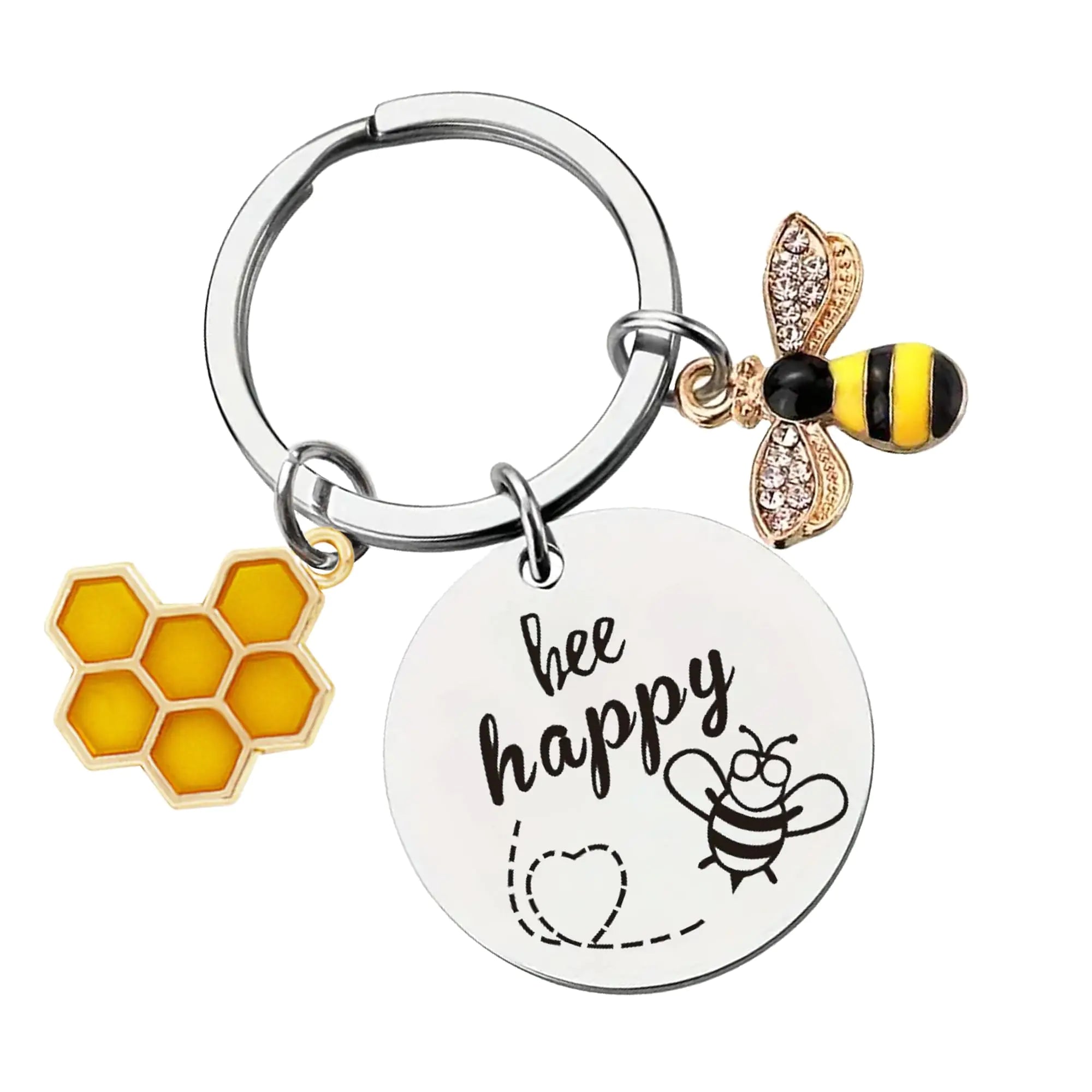 Bee Happy Keychain – Cute Inspirational Gift with Honeycomb & Bee Charms