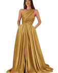 Gold One Shoulder Satin A-Line Prom Dress with Pockets- Size 18