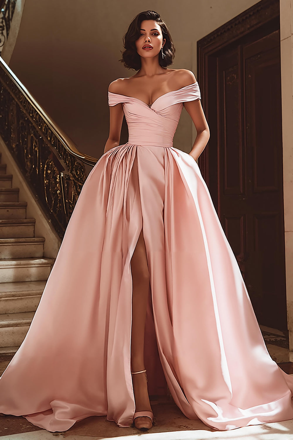 White Off the Shoulder Satin Sweep Train Wedding Dress with Slit