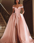 White Off the Shoulder Satin Sweep Train Wedding Dress with Slit