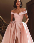 White Off the Shoulder Satin Sweep Train Wedding Dress with Slit
