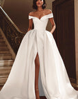 White Off the Shoulder Satin Sweep Train Wedding Dress with Slit