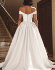 White Off the Shoulder Satin Sweep Train Wedding Dress with Slit