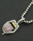 Dollar Tongue Shape Pendant with Pink Crystal Cuban Chain