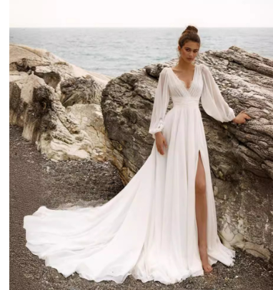 Puff-Sleeve V-Neck Boho Wedding Dress — alternate product view 11