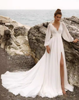 Puff-Sleeve V-Neck Boho Wedding Dress — alternate product view 11