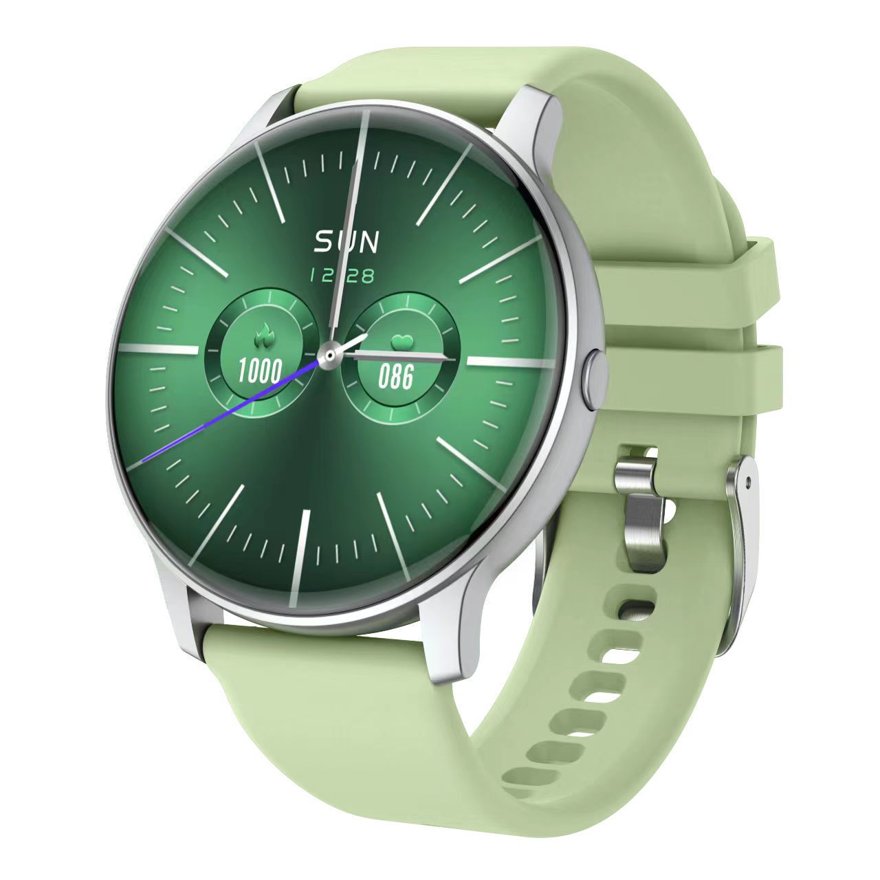 Green smart fitness watch with round touchscreen display showing time, heart rate, calories, and step counter — features Bluetooth calling, health tracking, sleep monitor.