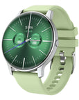 Green smart fitness watch with round touchscreen display showing time, heart rate, calories, and step counter — features Bluetooth calling, health tracking, sleep monitor.