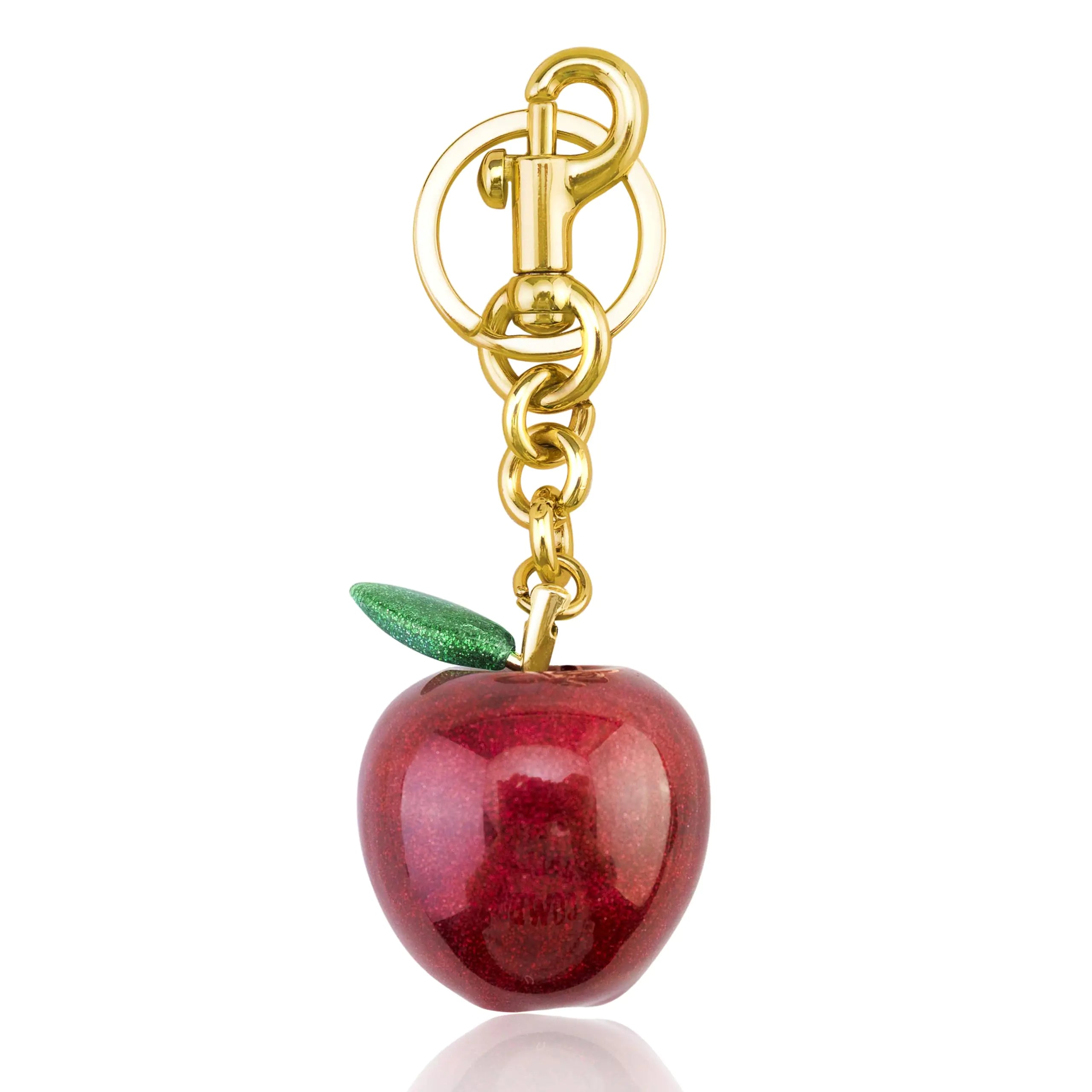 Golden Apple Charm Keychain – Glitter Red with Green Leaf Accent
