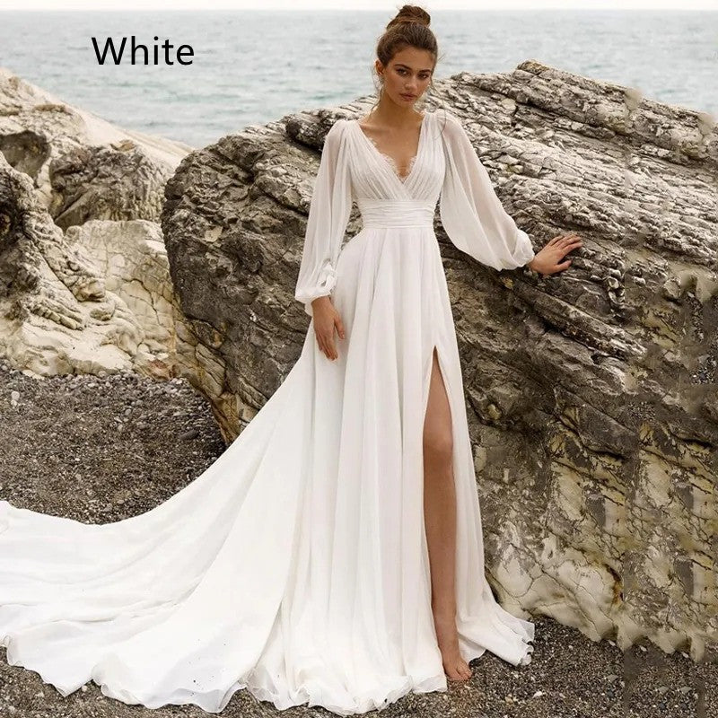 Puff-Sleeve V-Neck Boho Wedding Dress — alternate product view 30