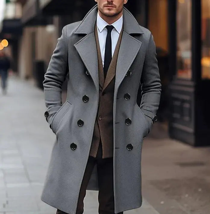 Classic Elegance – Men’s Long Double Breasted Woolen Coat