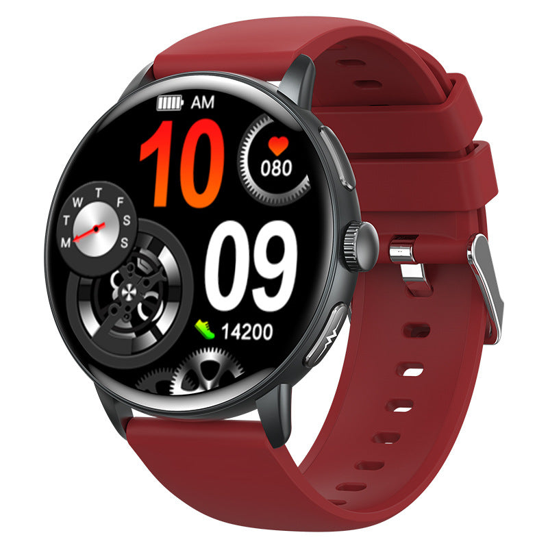 Red smart fitness watch with round touchscreen display showing time, heart rate, calories, and step counter — features Bluetooth calling, health tracking, sleep monitor.