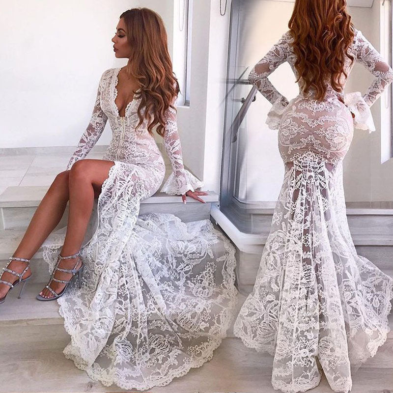 White Deep V-Neck Lace Mermaid Gown — alternate product view 2